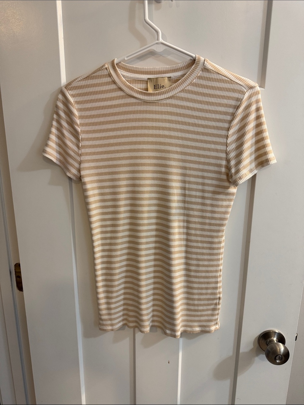 Elie Tahari Ribbed Striped Tee - Cream & Tan